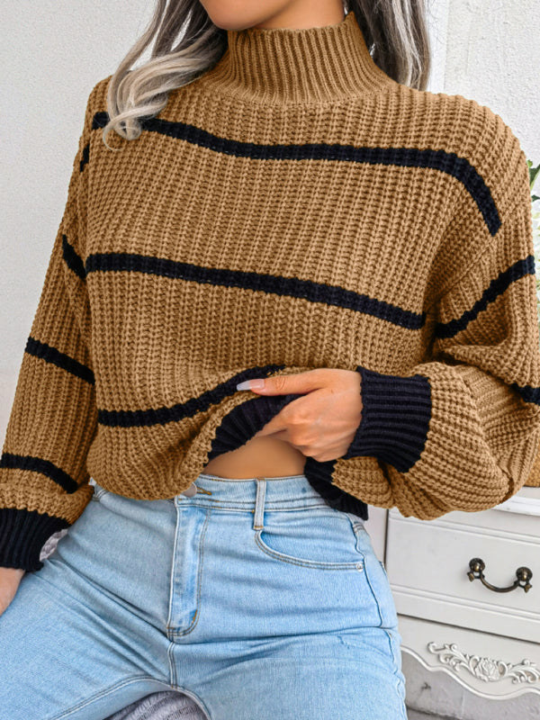 Women's casual stripe Lantern Sleeve half high neck knitted sweater