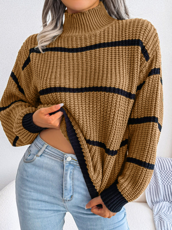 Women's casual stripe Lantern Sleeve half high neck knitted sweater