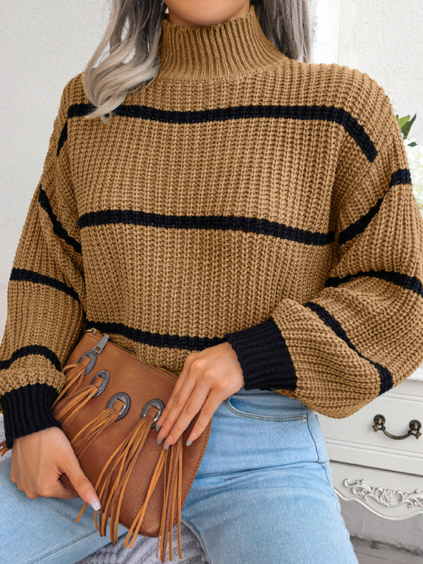 Women's casual stripe Lantern Sleeve half high neck knitted sweater