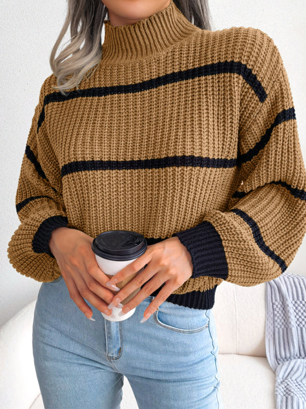 Women's casual stripe Lantern Sleeve half high neck knitted sweater