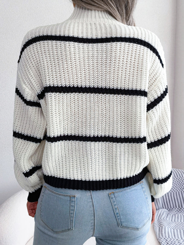 Women's casual stripe Lantern Sleeve half high neck knitted sweater