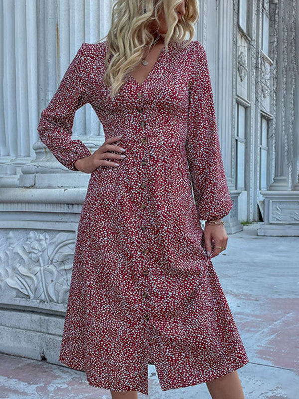 V -neck single -breasted cross -border long -sleeved dress autumn