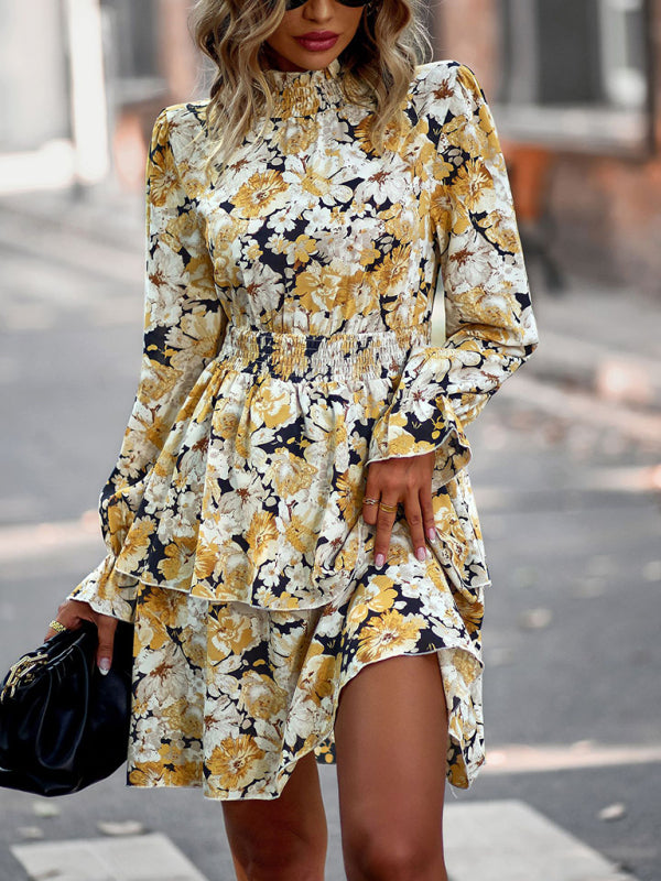 Women's Crew Neck Long Sleeve Boho Print Dress