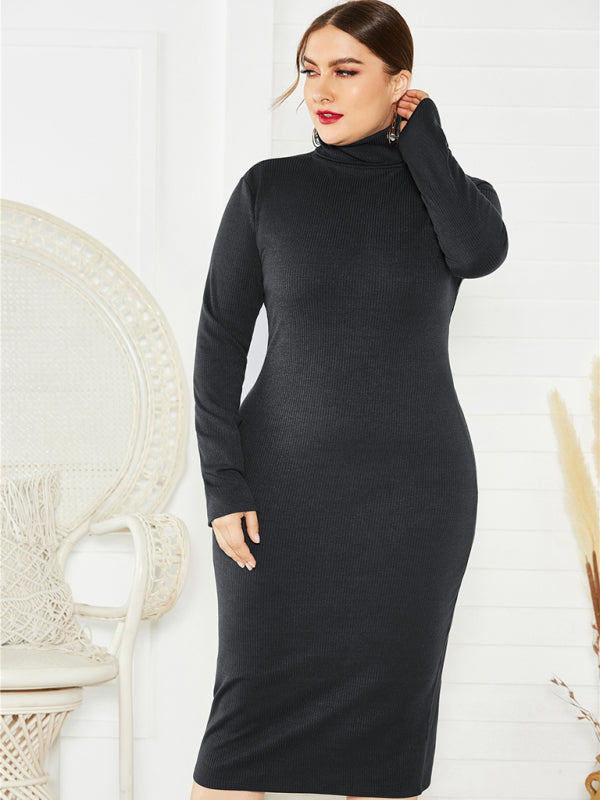 Green Long Sleeve Turtle-Neck Midi Dress