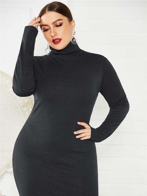 Green Long Sleeve Turtle-Neck Midi Dress
