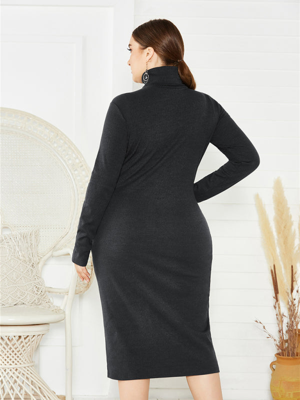 Green Long Sleeve Turtle-Neck Midi Dress