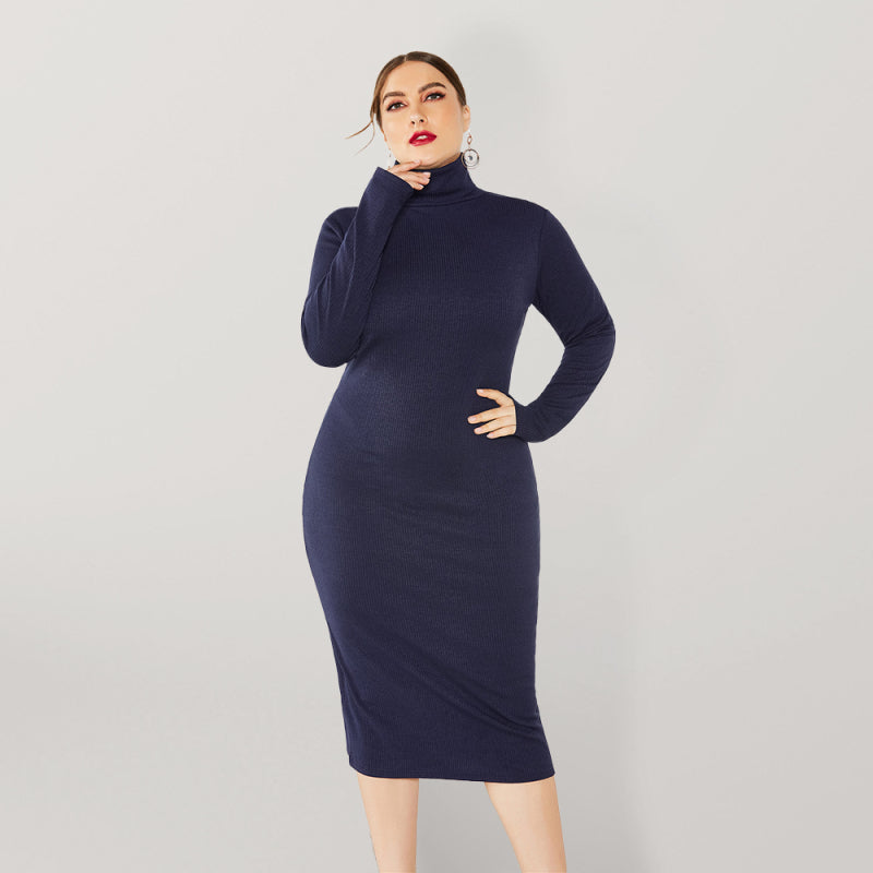 Green Long Sleeve Turtle-Neck Midi Dress