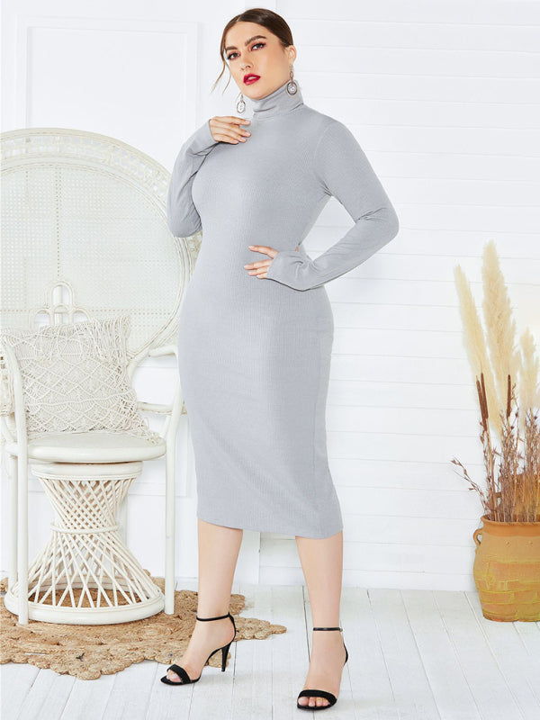 Green Long Sleeve Turtle-Neck Midi Dress