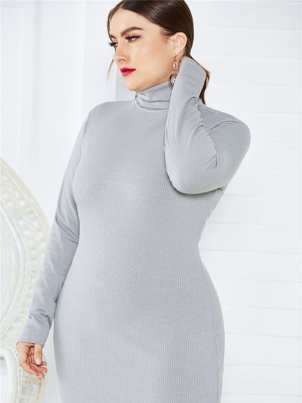 Green Long Sleeve Turtle-Neck Midi Dress