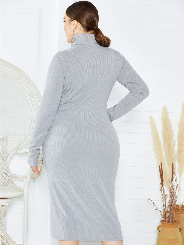Green Long Sleeve Turtle-Neck Midi Dress