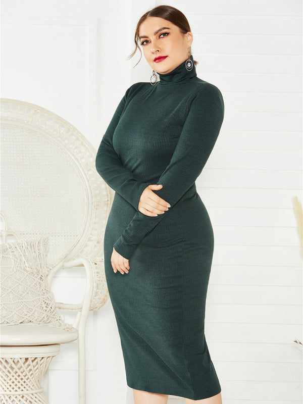 Green Long Sleeve Turtle-Neck Midi Dress
