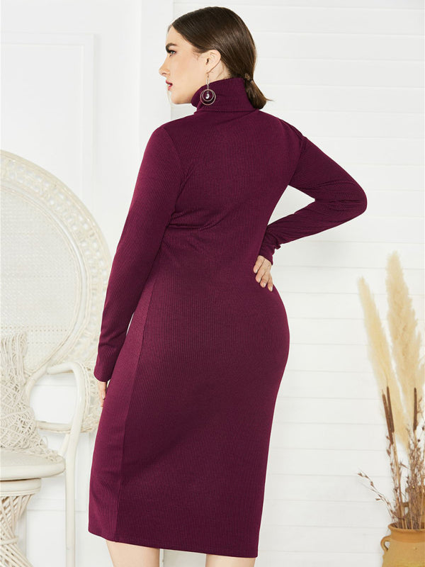 Green Long Sleeve Turtle-Neck Midi Dress