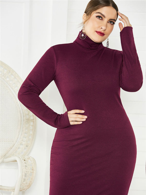 Green Long Sleeve Turtle-Neck Midi Dress