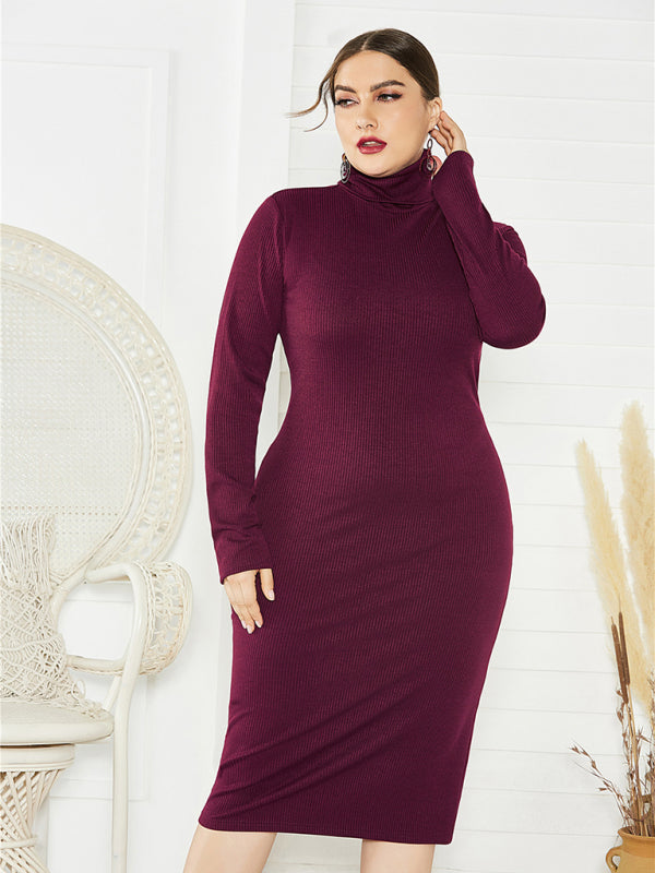 Green Long Sleeve Turtle-Neck Midi Dress