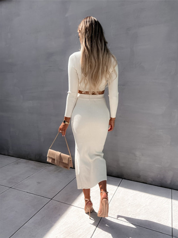 Ribbed Long Sleeve Top & Skirt Set - Cracker Khaki