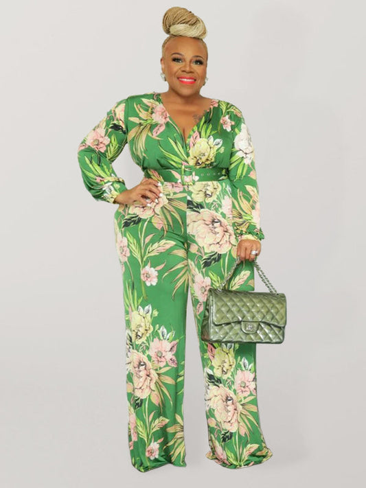 Green Flower Print Jumpsuit