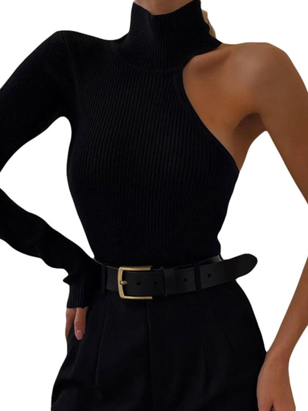 Women's Fashion One Shoulder Long Sleeve Round Neck Slim Fit Solid Color Bodysuit