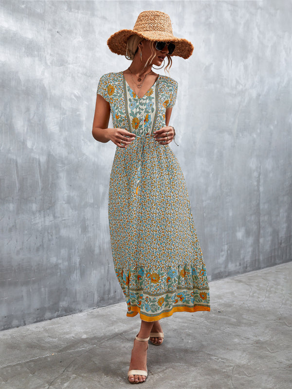 Women's Woven V-Neck Long Bohemian Dress