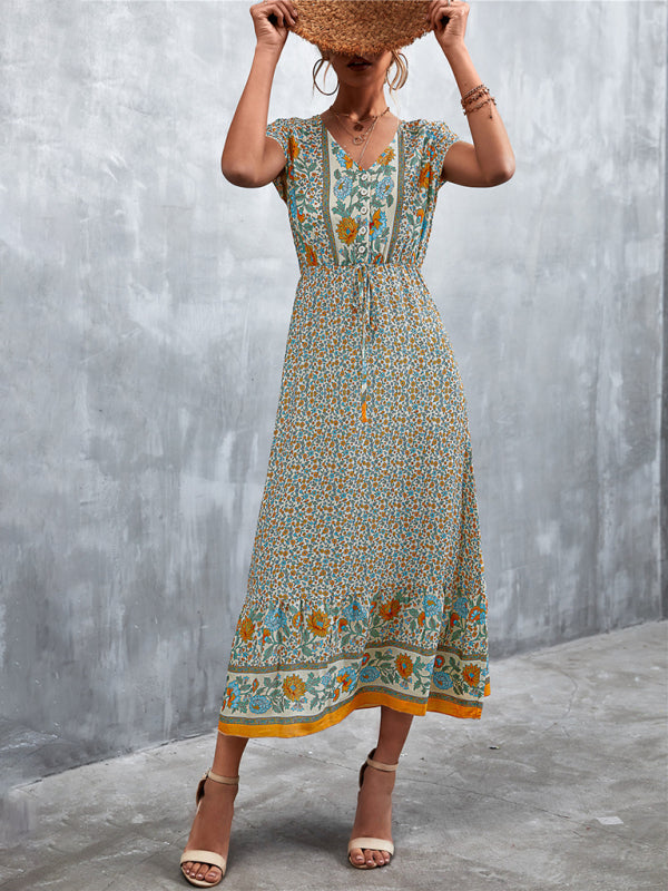 Women's Woven V-Neck Long Bohemian Dress