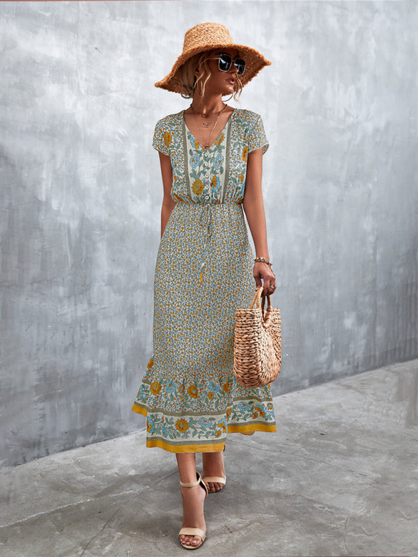 Women's Woven V-Neck Long Bohemian Dress