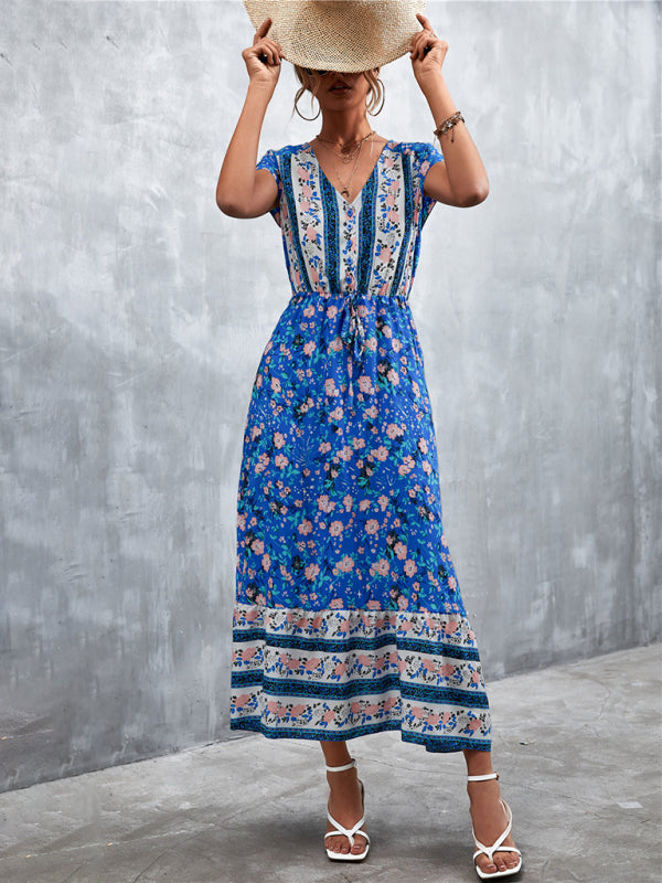 Women's Woven V-Neck Long Bohemian Dress