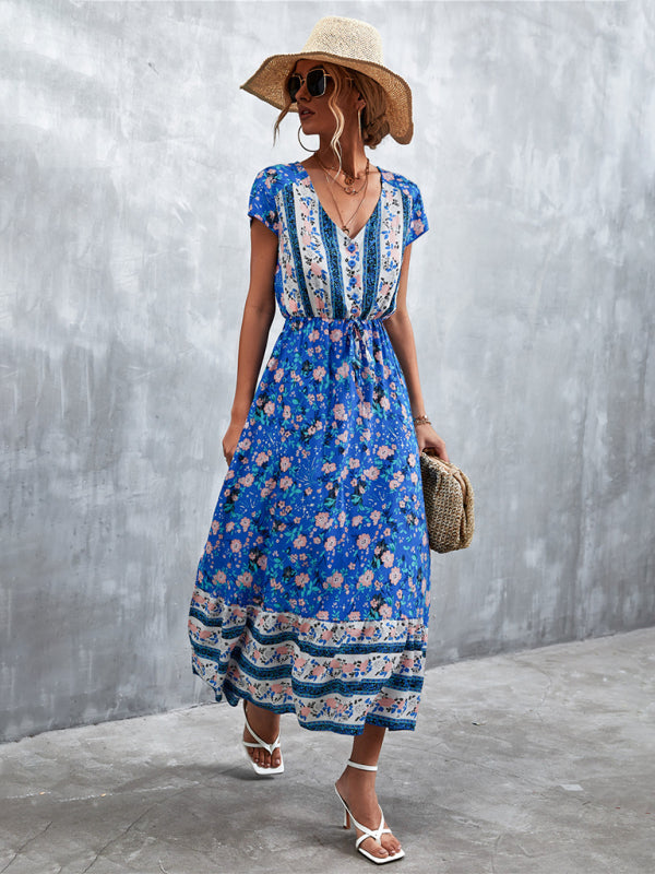 Women's Woven V-Neck Long Bohemian Dress