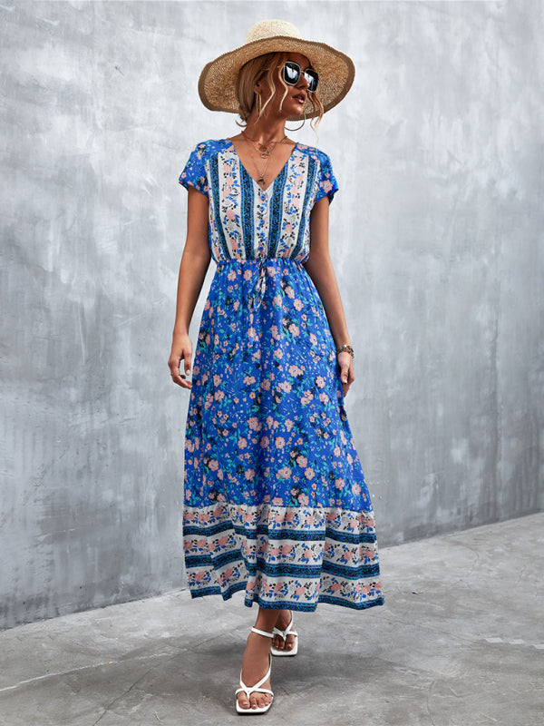 Women's Woven V-Neck Long Bohemian Dress