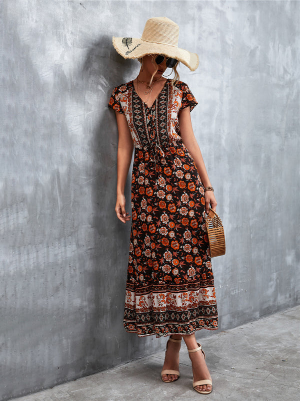 Women's Woven V-Neck Long Bohemian Dress