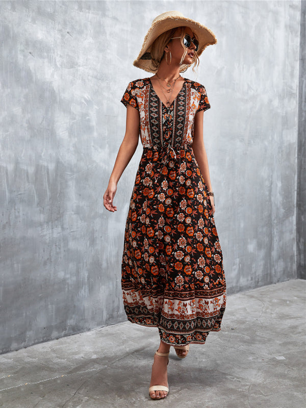 Women's Woven V-Neck Long Bohemian Dress