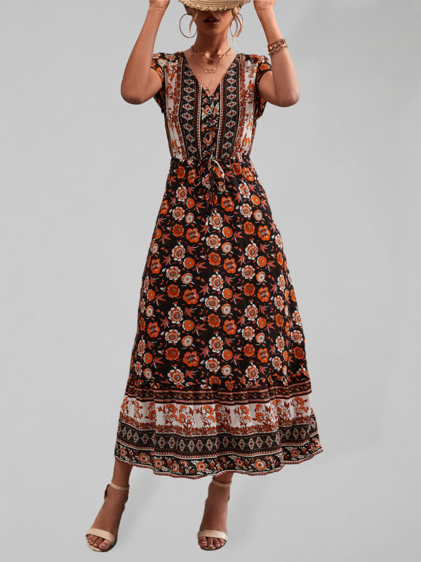 Women's Woven V-Neck Long Bohemian Dress