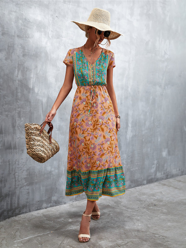 Women's Woven V-Neck Long Bohemian Dress