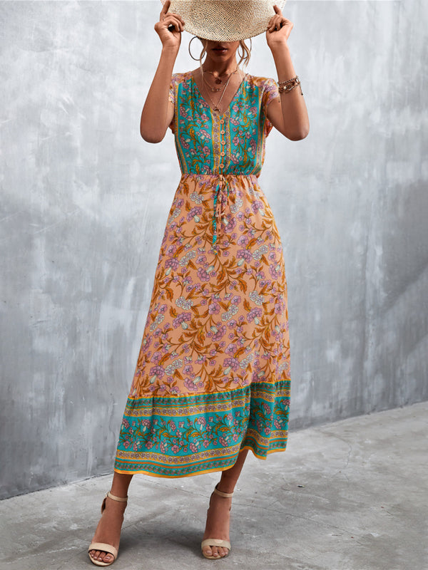 Women's Woven V-Neck Long Bohemian Dress