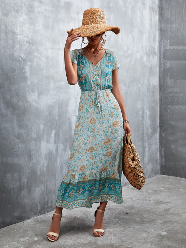 Women's Woven V-Neck Long Bohemian Dress