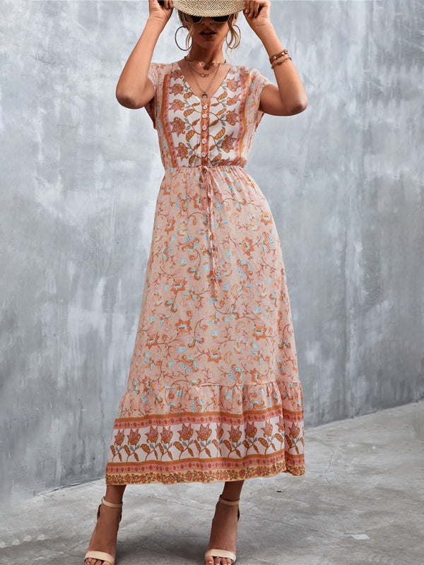 Women's Woven V-Neck Long Bohemian Dress