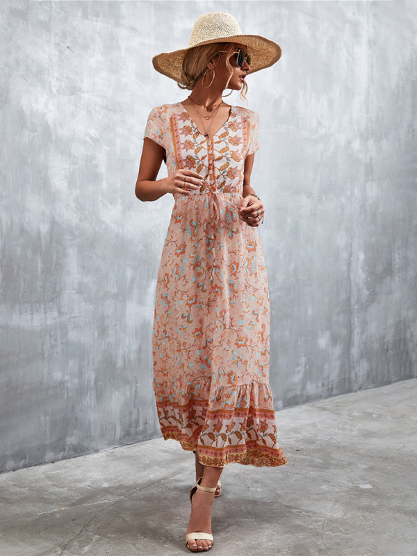 Women's Woven V-Neck Long Bohemian Dress