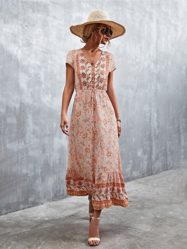 Women's Woven V-Neck Long Bohemian Dress