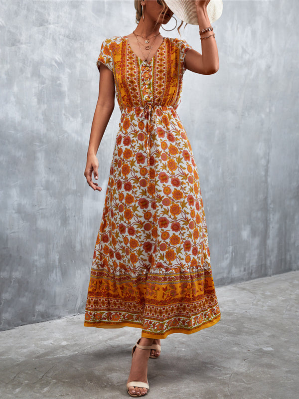 Women's Woven V-Neck Long Bohemian Dress