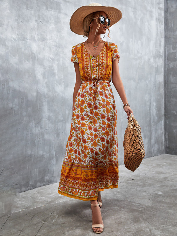 Women's Woven V-Neck Long Bohemian Dress