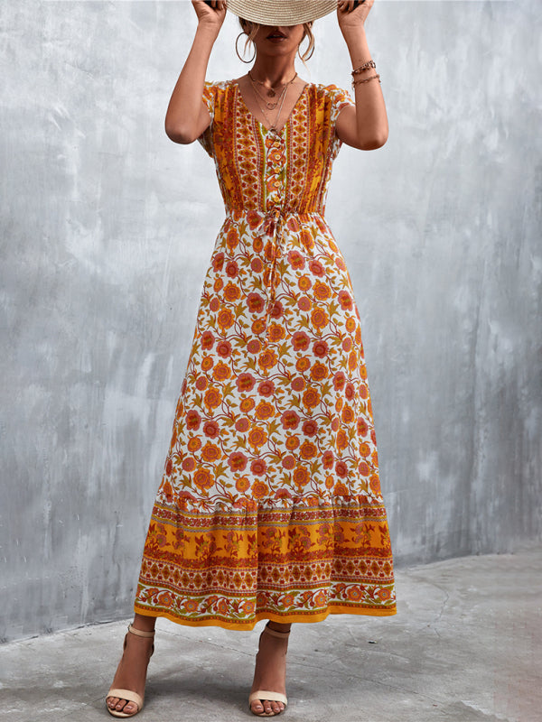 Women's Woven V-Neck Long Bohemian Dress