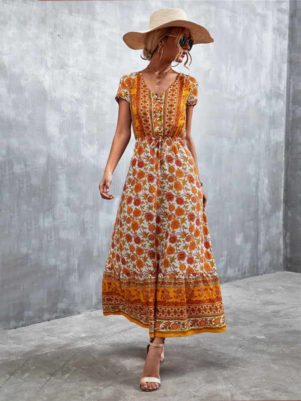 Women's Woven V-Neck Long Bohemian Dress