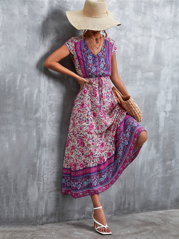 Women's Woven V-Neck Long Bohemian Dress