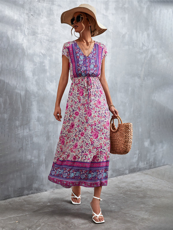 Women's Woven V-Neck Long Bohemian Dress