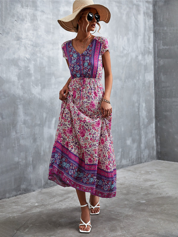 Women's Woven V-Neck Long Bohemian Dress