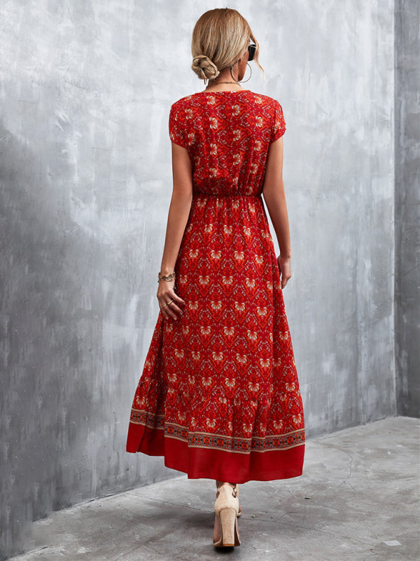 Women's Woven V-Neck Long Bohemian Dress