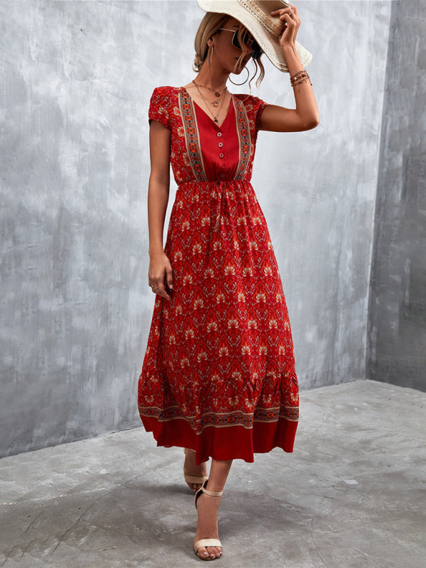 Women's Woven V-Neck Long Bohemian Dress