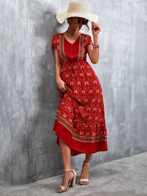 Women's Woven V-Neck Long Bohemian Dress