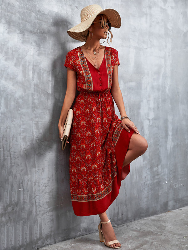 Women's Woven V-Neck Long Bohemian Dress