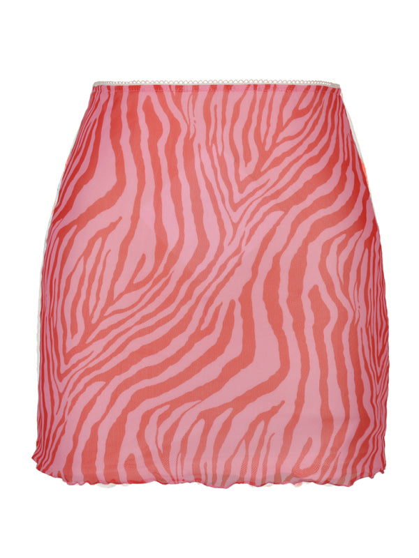 Printed mesh skirt high waist double layer slim wrap hip skirt