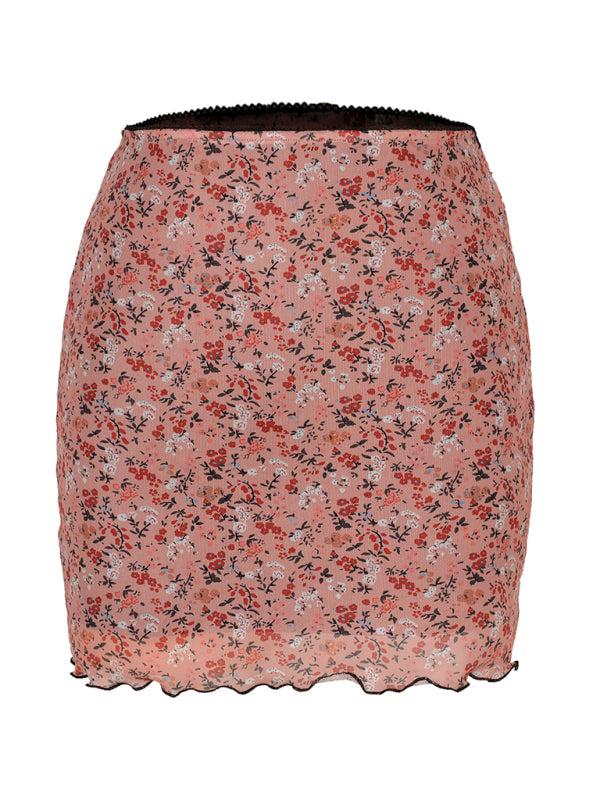 Printed mesh skirt high waist double layer slim wrap hip skirt