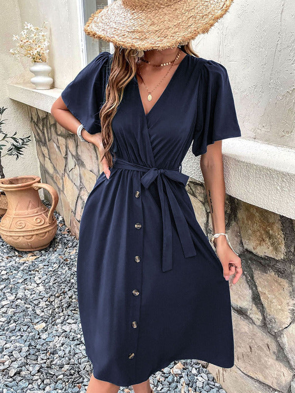 Women's Woven V Neck Short Sleeve Midi Dress